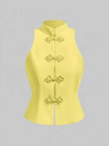 SHEIN MOD 優雅青蛙鈕扣掛脖上衣與直筒長褲套裝 - 黃色 - 查看 4