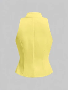 SHEIN MOD 優雅青蛙鈕扣掛脖上衣與直筒長褲套裝 - 黃色 - 查看 6