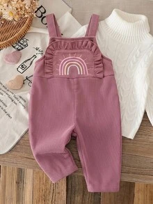 SHEIN LMoss Kids 新生女嬰編織可愛百搭休閒粉色彩虹刺繡連身衣，適合春夏秋冬四季穿著 - 粉色 - 查看 2