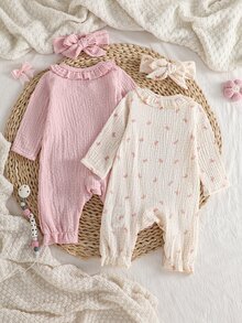 4pcs Newborn Baby Girl Romper Set, Dusty Pink, Fall Autumn/Winter, Cute Funny, Family Matching Long Sleeve Jumpsuit, Cotton Bowknot, Ruffled Accessory - Pink - View 3