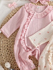 4pcs Newborn Baby Girl Romper Set, Dusty Pink, Fall Autumn/Winter, Cute Funny, Family Matching Long Sleeve Jumpsuit, Cotton Bowknot, Ruffled Accessory - Pink - View 4