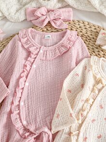 4pcs Newborn Baby Girl Romper Set, Dusty Pink, Fall Autumn/Winter, Cute Funny, Family Matching Long Sleeve Jumpsuit, Cotton Bowknot, Ruffled Accessory - Pink - View 7