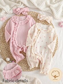 4pcs Newborn Baby Girl Romper Set, Dusty Pink, Fall Autumn/Winter, Cute Funny, Family Matching Long Sleeve Jumpsuit, Cotton Bowknot, Ruffled Accessory - Pink - View 2
