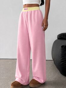 SHEIN Teen Girl Knit Light Gray Loose Casual Drawstring Pocket Wide Leg Sweatpants - Baby Pink - View 5