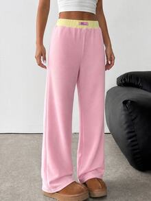 SHEIN Teen Girl Knit Light Gray Loose Casual Drawstring Pocket Wide Leg Sweatpants - Baby Pink - View 6