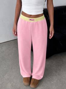 SHEIN Teen Girl Knit Light Gray Loose Casual Drawstring Pocket Wide Leg Sweatpants - Baby Pink - View 3