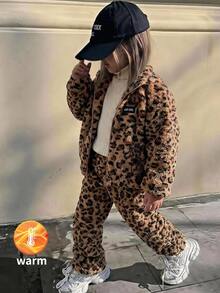 SHEIN Kids LMoss Young Girl Girls Warm Comfortable Cute Leopard Print Long Sleeve Jacket And Pants Set, Suitable For Autumn/Winter, Thick And Warm - Multicolor - View 1