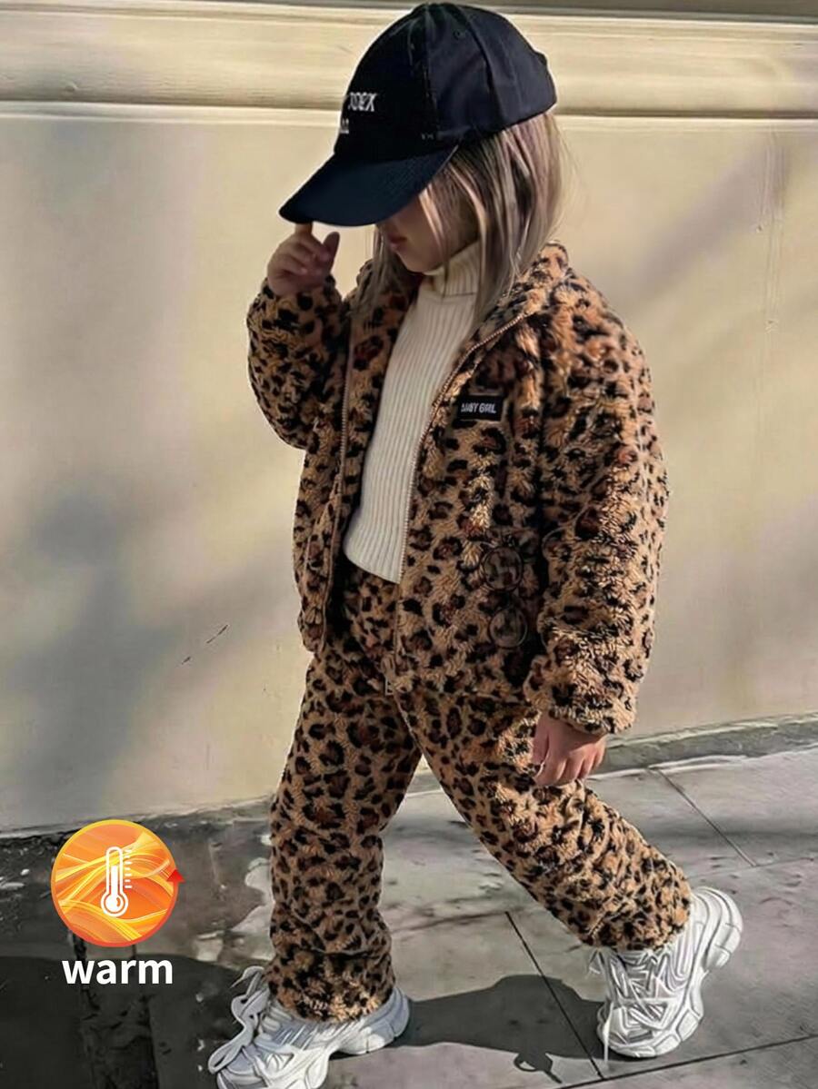 SHEIN Kids LMoss Young Girl Girls Warm Comfortable Cute Leopard Print Long Sleeve Jacket And Pants Set, Suitable For Autumn/Winter, Thick And Warm - Multicolor - View 1