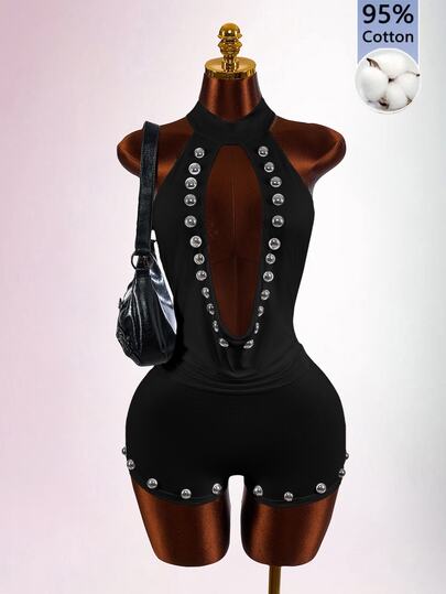 Amplova Women's Street Style Rivet Backless Sexy Jumpsuit