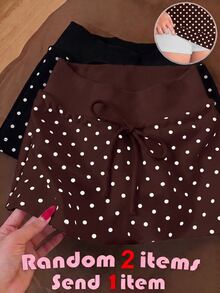 SHEIN Tween Girls Skirts Knitted Small Polka Dot With Built-In Leggings Casual Drawstring Skirt - Brown - View 7