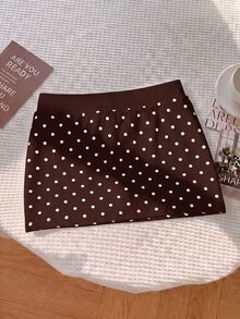 SHEIN Tween Girls Skirts Knitted Small Polka Dot With Built-In Leggings Casual Drawstring Skirt - Brown - View 4