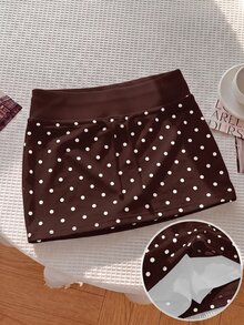 SHEIN Tween Girls Skirts Knitted Small Polka Dot With Built-In Leggings Casual Drawstring Skirt - Brown - View 6