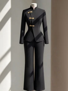 Fine & Folde Women's Autumn/Winter New Chinese Style 2 Pieces Set With Frog Button Gold Button Black Long Sleeve Jacket, Waist-Flattering Slimming Straight Leg Pants, Elegant Vintage Design - Black - View 1