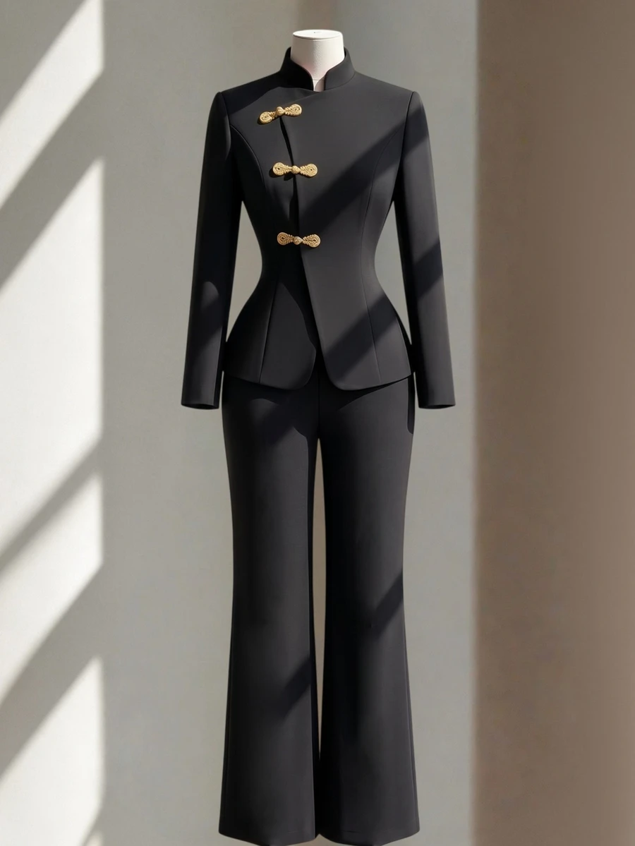 Fine & Folde Women's Autumn/Winter New Chinese Style 2 Pieces Set With Frog Button Gold Button Black Long Sleeve Jacket, Waist-Flattering Slimming Straight Leg Pants, Elegant Vintage Design - Black - View 1