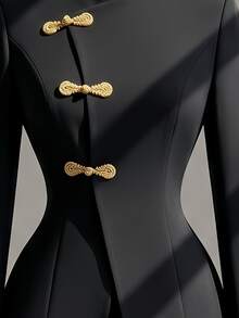 Fine & Folde Women's Autumn/Winter New Chinese Style 2 Pieces Set With Frog Button Gold Button Black Long Sleeve Jacket, Waist-Flattering Slimming Straight Leg Pants, Elegant Vintage Design - Black - View 3