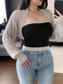 Dazy Plus Plus Size Women Colorblock Patchwork Wrap Bandeau Top And Extra Wide Open Front Cardigan Elegant Spring/Autumn Sweater Set - Grey - View 2