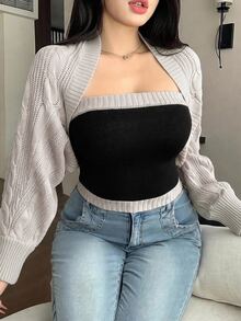 Dazy Plus Plus Size Women Colorblock Patchwork Wrap Bandeau Top And Extra Wide Open Front Cardigan Elegant Spring/Autumn Sweater Set - Grey - View 4