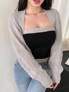 Dazy Plus Plus Size Women Colorblock Patchwork Wrap Bandeau Top And Extra Wide Open Front Cardigan Elegant Spring/Autumn Sweater Set - Grey - View 6