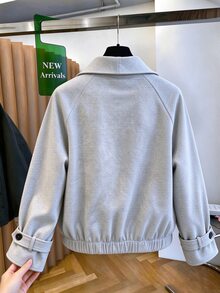 SHEIN Franclia Autumn New High Collar Gray Floral Double-Breasted Jacket, Suitable For Vacation, Commuting, Formal Office, Spring/Autumn, Casual And Outdoor Wear. - Grey - View 2