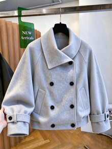 SHEIN Franclia Autumn New High Collar Gray Floral Double-Breasted Jacket, Suitable For Vacation, Commuting, Formal Office, Spring/Autumn, Casual And Outdoor Wear. - Grey - View 3