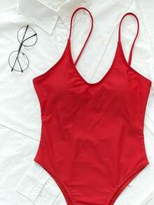 SHEIN Swim Satu Potongan Plain Casual - Merah - View 4