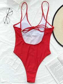 SHEIN Swim Satu Potongan Plain Casual - Merah - View 5