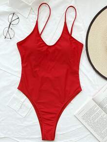 SHEIN Swim Satu Potongan Plain Casual - Merah - View 6