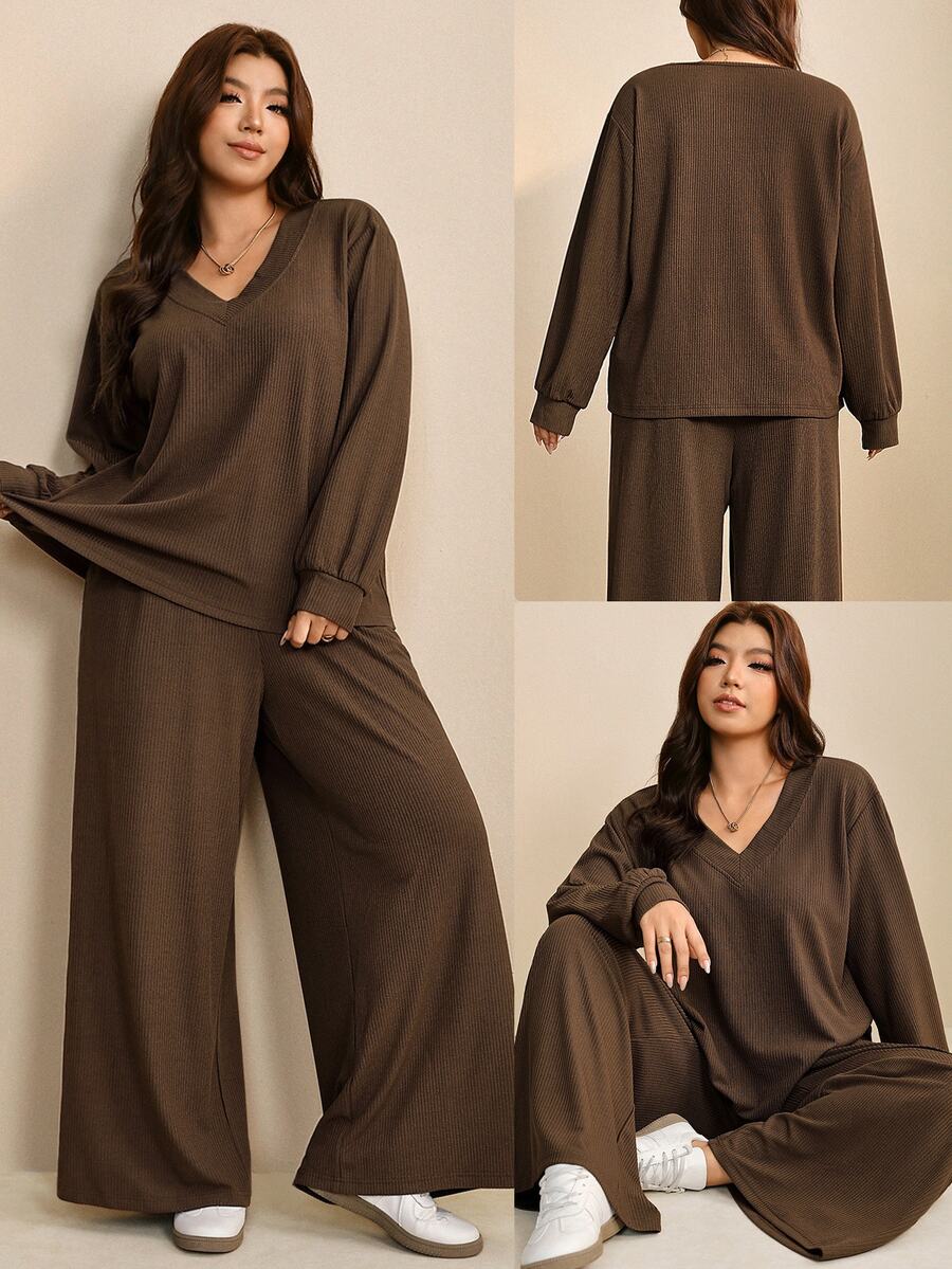 Edennvi Women's Plus Size Ribbed Texture Casual Versatile Elegant Sophisticated Professional Workplace Holiday Home Leisure Brown 2 Pieces Set, Autumn/Winter - Brown - View 1