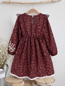 SHEIN Tween女孩長袖碎花荷葉邊蕾絲下擺洋裝，復古鄉村風家庭套裝A字版型，酒紅色休閒感恩節秋季花童禮服 - 紅色 - 查看 2