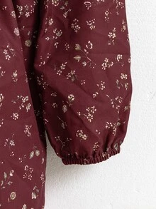 SHEIN Tween女孩長袖碎花荷葉邊蕾絲下擺洋裝，復古鄉村風家庭套裝A字版型，酒紅色休閒感恩節秋季花童禮服 - 紅色 - 查看 6