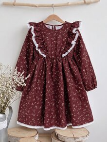 SHEIN Tween女孩長袖碎花荷葉邊蕾絲下擺洋裝，復古鄉村風家庭套裝A字版型，酒紅色休閒感恩節秋季花童禮服 - 紅色 - 查看 9