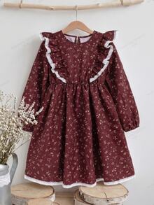 SHEIN Tween女孩長袖碎花荷葉邊蕾絲下擺洋裝，復古鄉村風家庭套裝A字版型，酒紅色休閒感恩節秋季花童禮服 - 紅色 - 查看 5