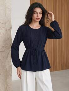 Rue Lumi Women's Small Round Neck Tie Long Sleeve Blouse Office Navy Blue Autumn Elegant Smart Casual - Navy Blue - View 8