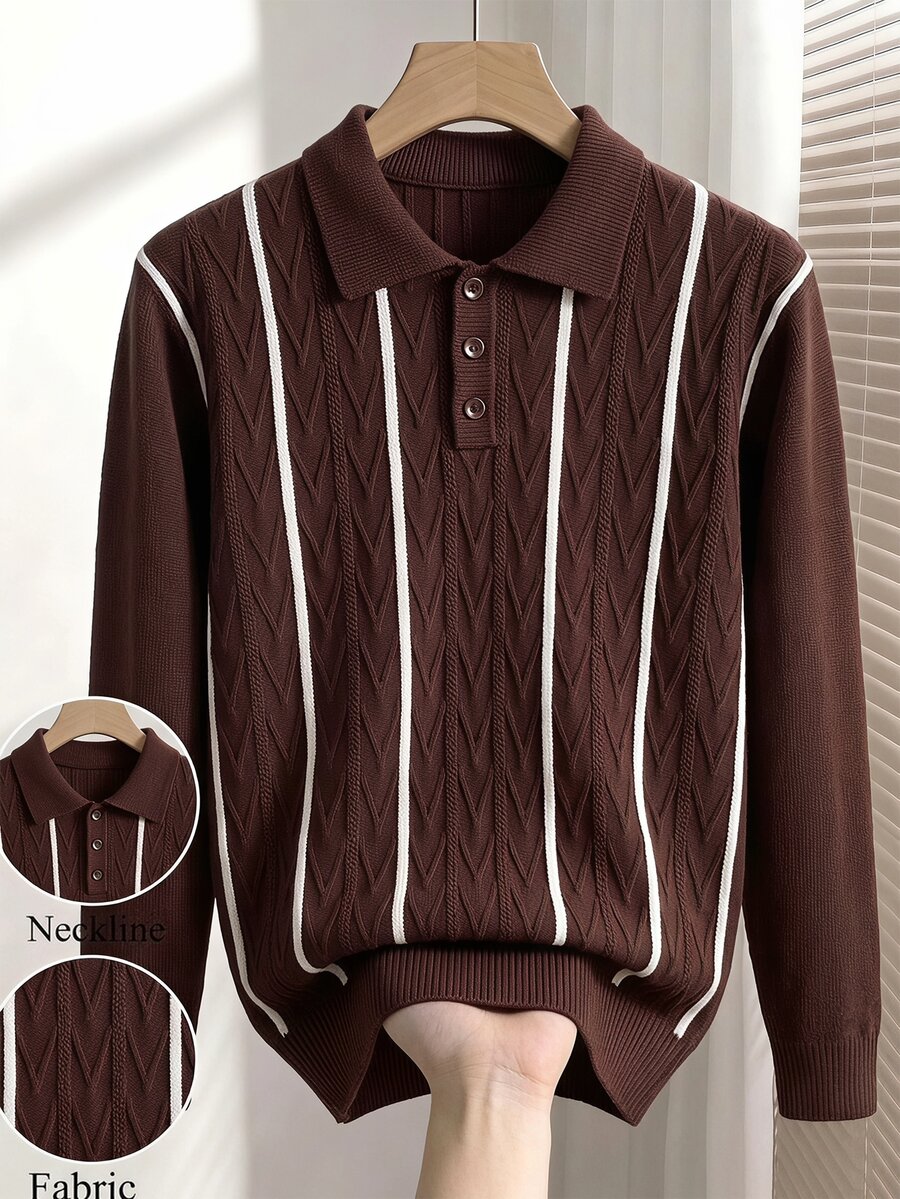 Manfinity CityGents 男士 Polo 領長袖套頭毛衣，Ins 風格，華麗派對街頭成熟風，寬鬆版型，棕色秋季正式老錢風 - 棕色 - 查看 1
