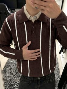 Manfinity CityGents 男士 Polo 領長袖套頭毛衣，Ins 風格，華麗派對街頭成熟風，寬鬆版型，棕色秋季正式老錢風 - 棕色 - 查看 3
