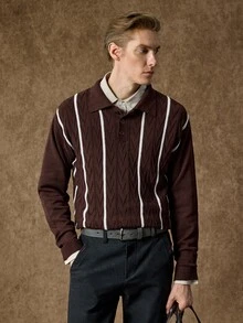 Manfinity CityGents 男士 Polo 領長袖套頭毛衣，Ins 風格，華麗派對街頭成熟風，寬鬆版型，棕色秋季正式老錢風 - 棕色 - 查看 7