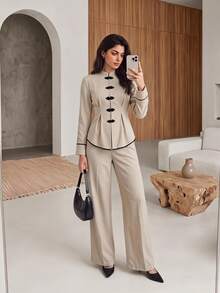 Rue Lumi Women's Casual Elegant Vintage New Chinese Style Frog Button Woven Solid Color Contrast Collar Long Sleeve Cinched Waist Blouse Pants 2 Pieces Set - Khaki - View 8
