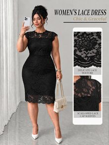 Elenzga Plus Size Sleeveless Fitted Eyelash Lace Trim Dress - Black - View 1