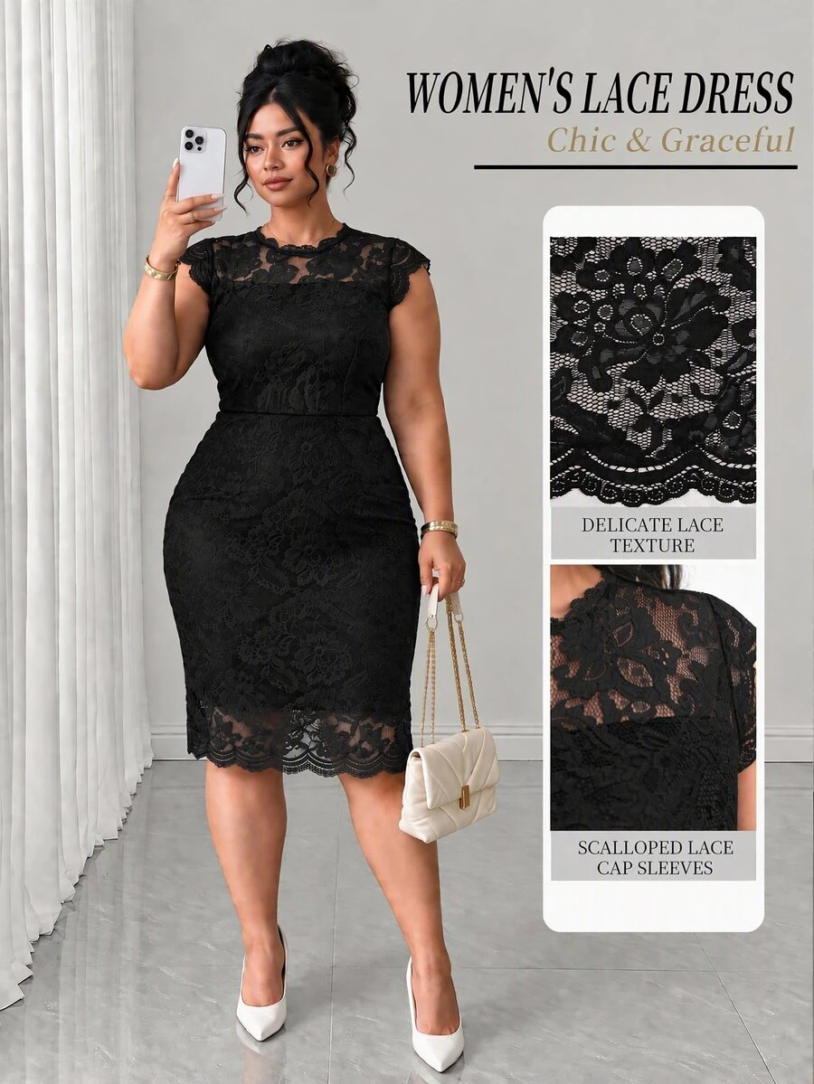 Elenzga Plus Size Sleeveless Fitted Eyelash Lace Trim Dress - Black - View 1