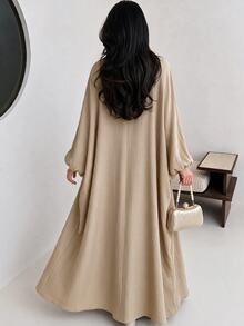 Yasmyna Women's Casual Daily Woven Solid Color Round Neck Metal Tassel Loose Arabic Batwing Sleeve Extra Long Dress Spring Autumn - Khaki - View 2