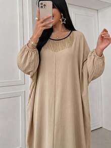 Yasmyna Women's Casual Daily Woven Solid Color Round Neck Metal Tassel Loose Arabic Batwing Sleeve Extra Long Dress Spring Autumn - Khaki - View 4