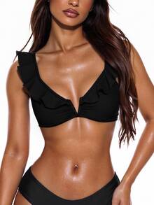 Swim Basics 全新欧美风格女式性感简约纯色荷叶边深 V 背带衬衫 - 黑色 - 查看 3