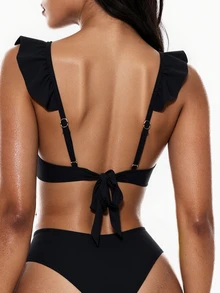 Swim Basics 全新欧美风格女式性感简约纯色荷叶边深 V 背带衬衫 - 黑色 - 查看 4