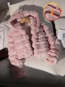SHEIN 少女白色人造毛休閒連帽冬季夾克 - 粉色 - 查看 2
