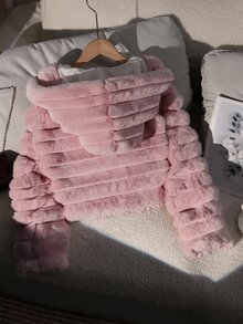 SHEIN 少女白色人造毛休閒連帽冬季夾克 - 粉色 - 查看 3