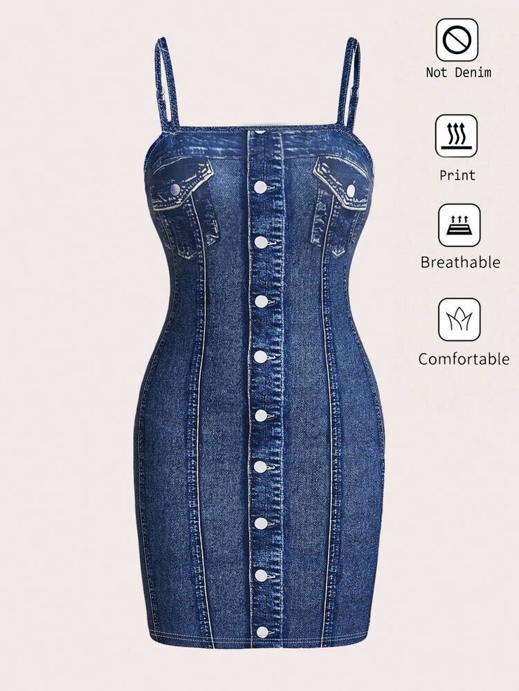 SHEIN Essnce Plus-Size Women's Print Dress, Curvy Sheath Summer Party Rave Halter Dresses,Rave Outfits Festival Date Night Women Carnival Light Blue Sexy Western - Blue - View 3