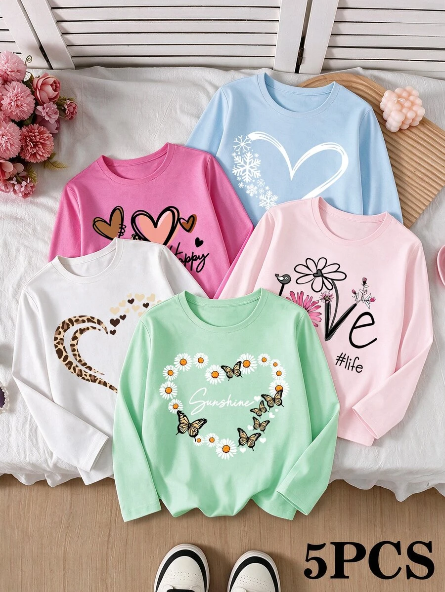 SHEIN 女童 5 件組字母愛心花卉印花長袖上衣,日常休閒,粉藍色,秋季服飾 - 彩色 - 查看 1