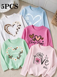 SHEIN 女童 5 件組字母愛心花卉印花長袖上衣，日常休閒，粉藍色，秋季服飾 - 彩色 - 查看 6