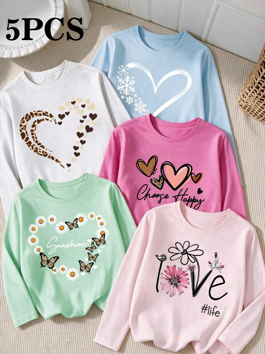 SHEIN Young Girl 5 Pcs Letter Heart Floral Print Long Sleeve Tops, Everyday Casual, Pink Blue, Fall Clothes - Multicolor - View 1