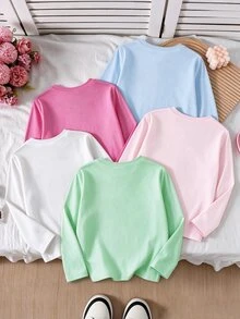 SHEIN 女童 5 件組字母愛心花卉印花長袖上衣，日常休閒，粉藍色，秋季服飾 - 彩色 - 查看 2